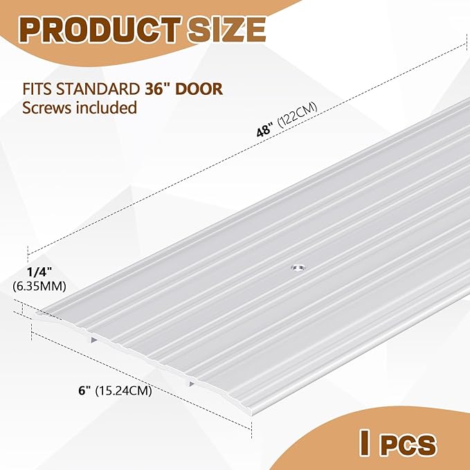 Tandefio 1 Pcs 6 x 1/4 x 48 Inches Door Saddle Threshold for Doorway Interior Sturdy Aluminum Commercial Fluted Saddle Door Threshold Durable and Sleek Doorway Entryway Access Draft Protection, Silver