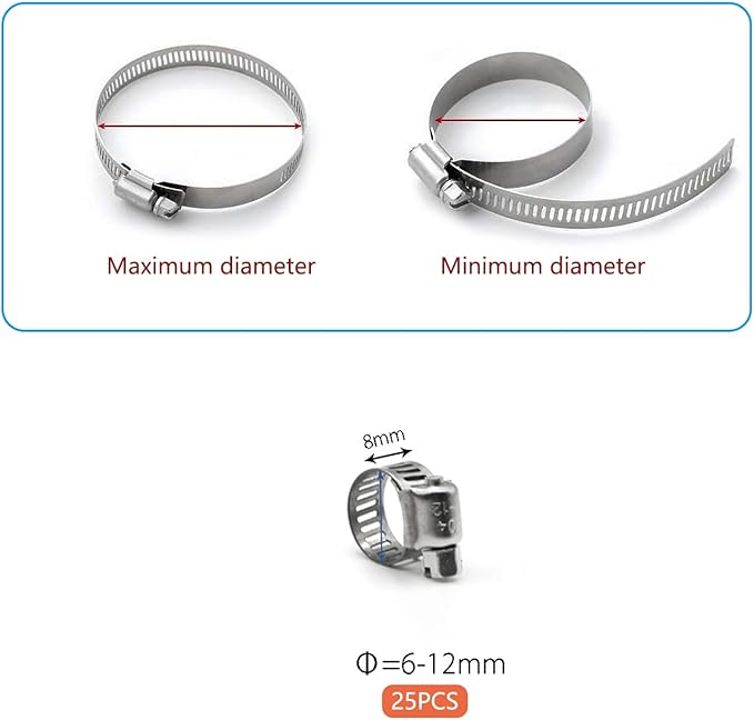 Hose Clamp, 25 Pack Stainless Steel Worm Gear fuel line hose clamps, 6-12mm (1/4-1/2 inch)