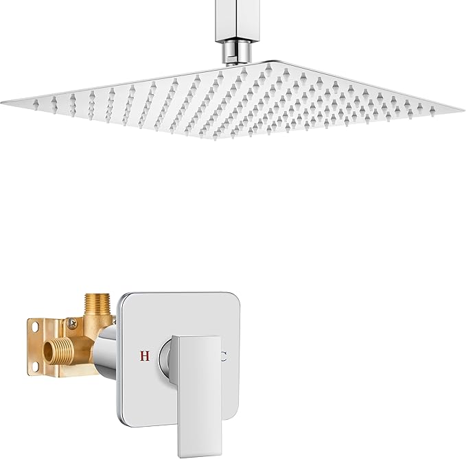 Heyalan Shower Faucet Set Square Stainless Steel Bathroom Rainfall Shower System One Handle Single Function Shower Trim Kit with Rough-in Valve Male Thread,Ceiling Mount,10 Inch,Polish Chrome