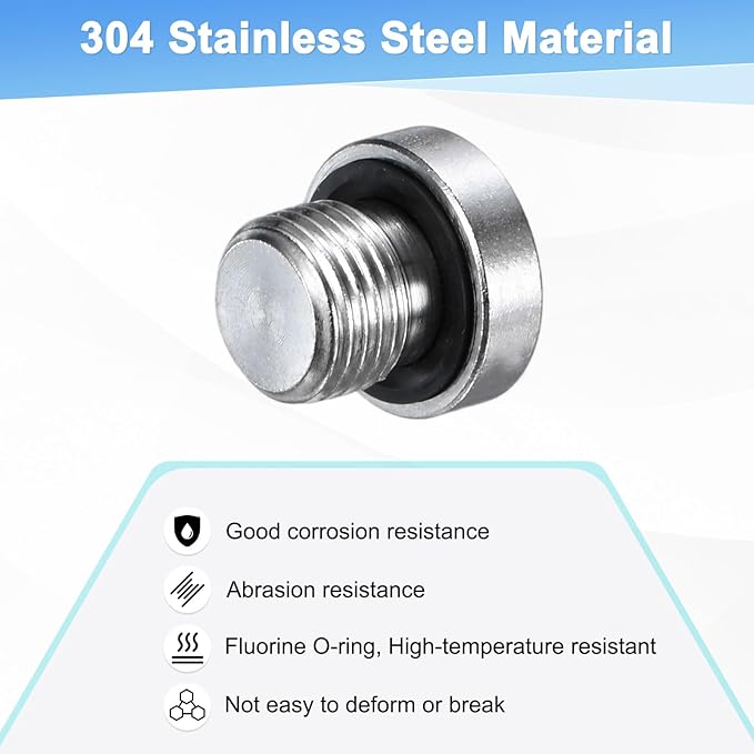 2-Pack Inner Hex Head Pipe Fitting Plug, 1/8 NPT 304 Stainless Steel Socket Bung Plug with Sealing Ring for Terminate Pipe Ends/Replacement Drains