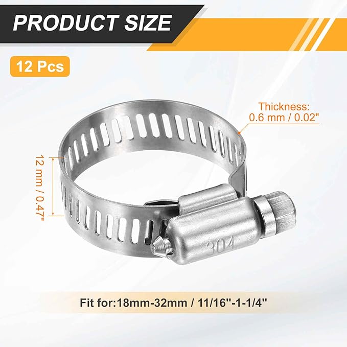 HARFINGTON 12 Pcs Hose Clamp 11/16"-1-1/4" (18-32mm) 304 Stainless Steel Adjustable Worm Gear Hose Clamp with Phillips Screw Assortment Kit for Fuel Line Pipe Plumbing Automotive Tube