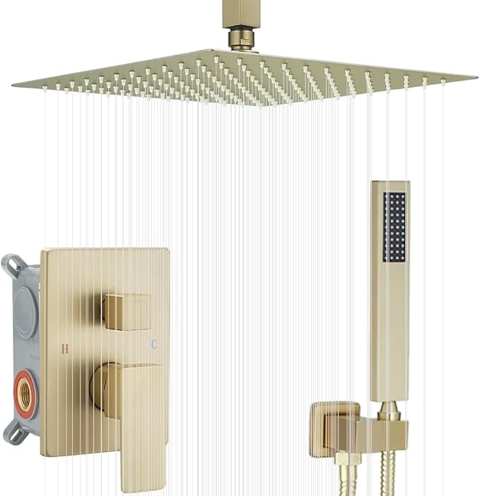 16 Inch Ceiling Mount Brushed Gold Shower System Bathroom Luxury Rain Mixer Shower Combo Set Ceiling Rainfall Shower Head System (Contain Shower Faucet Rough-in Valve Body and Trim Kit)