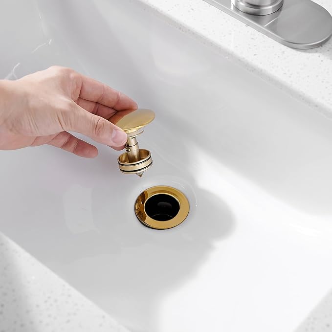 BWE Bathroom One-Piece Pop Up Drain Assembly with Strainer Sink Drain Stopper with Overflow for Bathroom Vessel Vanity Faucet Sink Brushed Gold