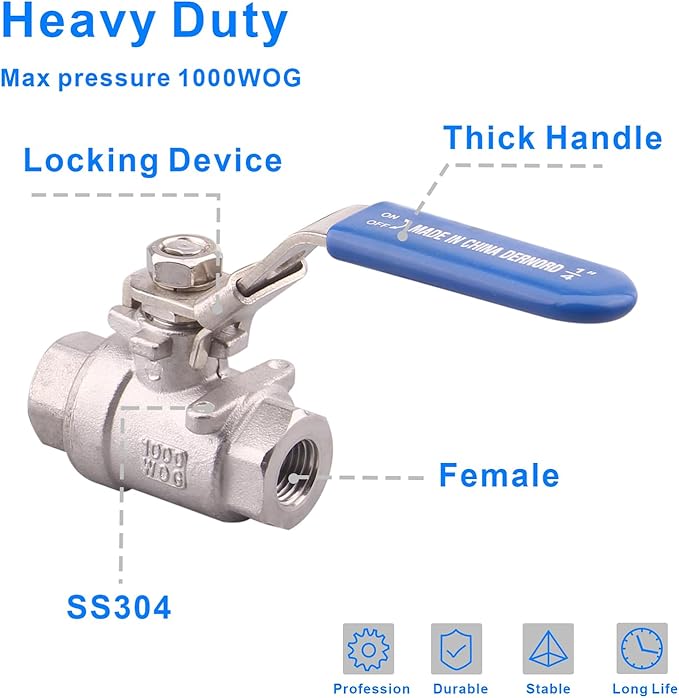 DERNORD 2 Pack Stainless Steel 304 Ball Valve, Full Port Heavy Duty for WOG with Locking Device (1/4" NPT)