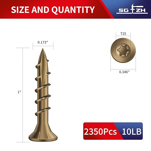 #8 x 1 Inch Deck Screws (2350Pcs) 10lb. Carbon Steel, Yellow, Flat Head, Rust Resistant epoxy Coated, with T25 Star Bit