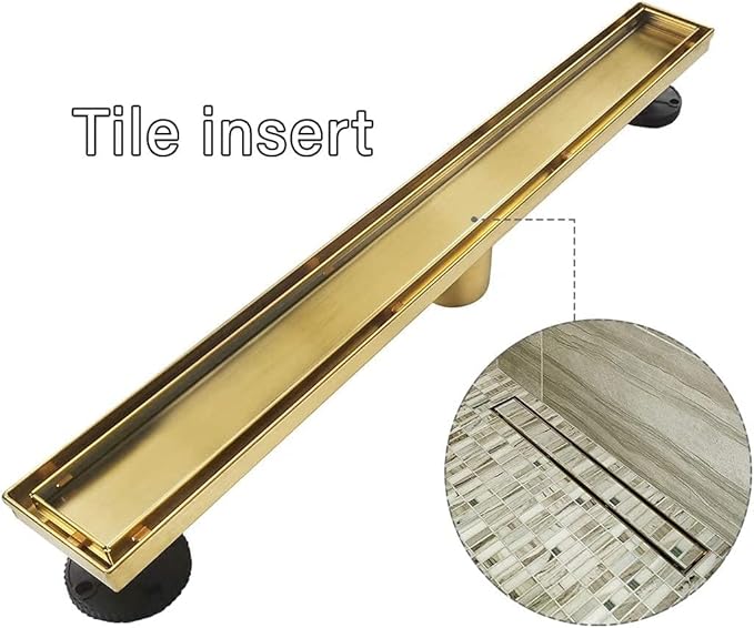 Neodrain 40-Inch Gold Linear Shower Drain, 2-in-1 Flat & Tile Insert Cover, Stainless Steel Linear Drain, Brushed Brass Rectangle Shower Floor Drain with Hair Strainer, Watermark&CUPC Certified