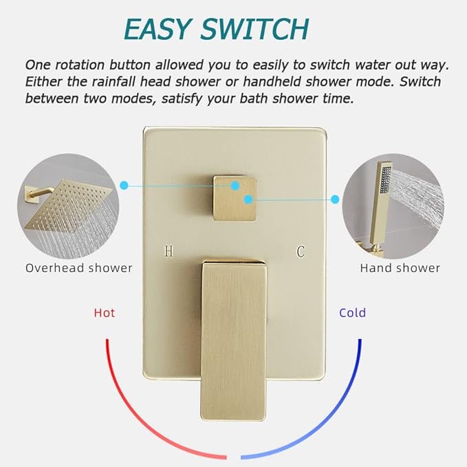 Brushed Gold Shower System 8 Inch Bathroom Luxury Rain Mixer Shower Combo Set Wall Mounted Rainfall Shower Head and Handheld System Shower Faucet Set Rough-in Valve Body and Trim Kit