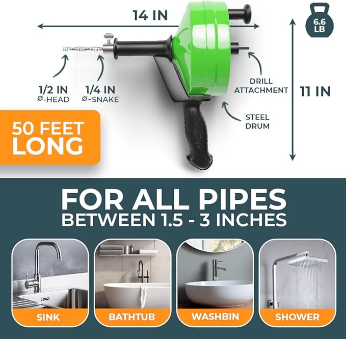 drain snake [50FT] - with drill attachment - Ideal plumbing snake for sink and drain unblocking - Solid drain auger for real DYIs! (50 FT - 1/4 inch)