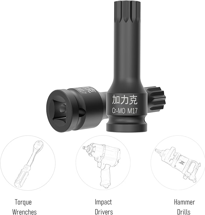 1/2-Inch Drive x M17(17mm) Impact XZN Triple Square Spline Bit Socket, Metric Lengthen Screwdriver Socket Adapter, 3-Inch Length, CR-MO Steel, One-Piece Construction, Black