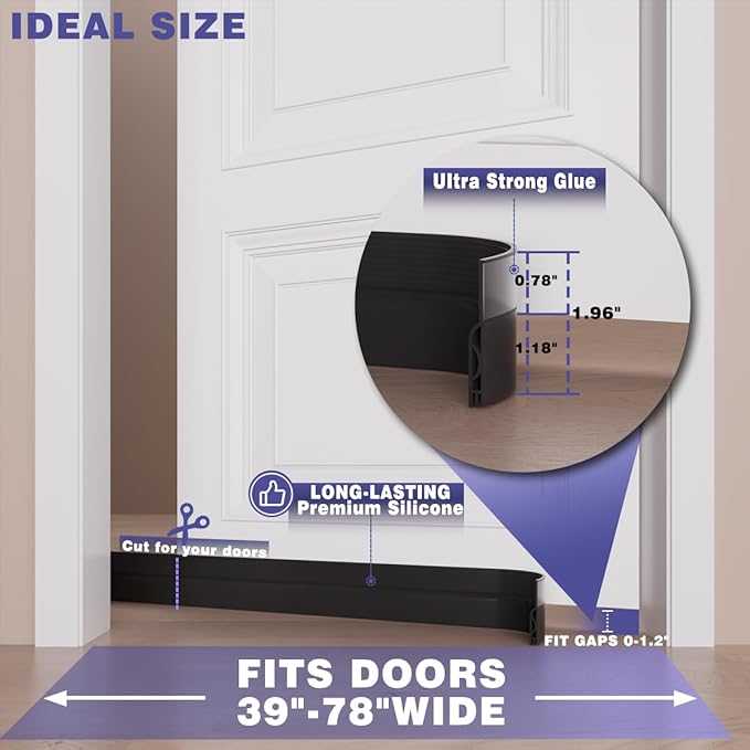 Door Draft Stopper,Adjustable Door Sweep for Bottom of Door,Silicone Weather Stripping Door Bottom Seal Blocker Air Noise,Under Door Gap Filler for Interior/Exterior Doors(Black, 39inch)