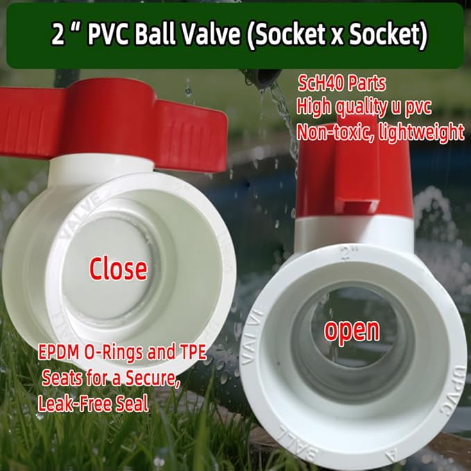 2Pack 2" PVC Ball Valve (Socket x Socket),Schedule 40, Cold Water Pipe Shut-off Valve Socket for Water Supply Lines, Garden Irrigation & Pipe Fitting Systems,Red T-Handle.