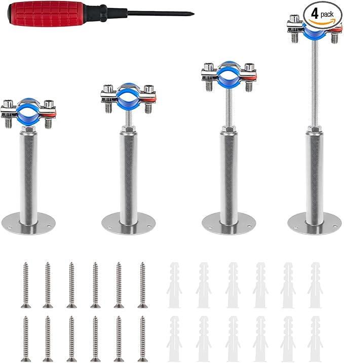Kodilin 4PCS 304 Stainless Steel Wall Mount Ceiling Mount Pipe Supports,Suitable for OD Pipe 1/2"(19-22mm),Adjustable Height 100-200mm