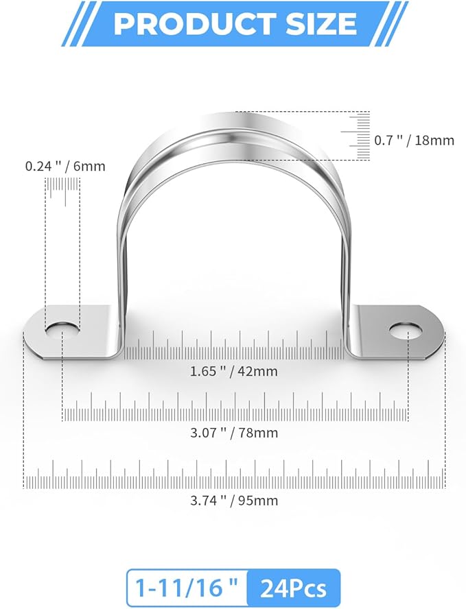 24Pcs 1 11/16Inch (42mm) 304 Stainless Steel Conduit Clamps, U-Tube Strap Pipe Clamp Two Hole Strap U Bracket Rigid Pipe Metal Conduit Strap Tension Clips U-tube Clamp Heavy Duty