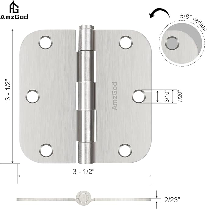Door Hinges Brushed Nickel - 6 Pack Satin Nickel 3.5 Inch Rounded Interior Door Hinges with 5/8" Radius - 3 1/2 Inches Silver Residential Standard Door Hardware