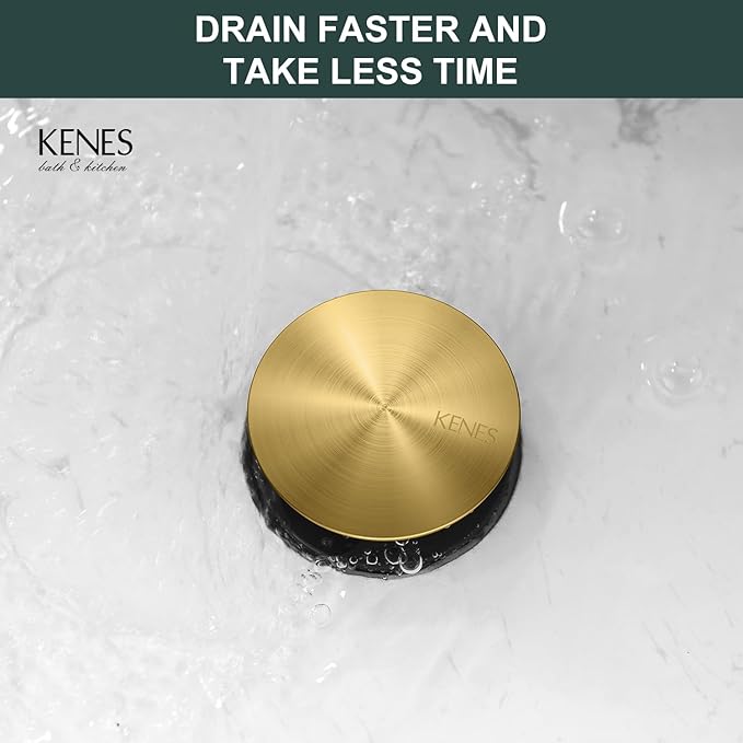 KENES Brushed Gold Pop Up Bathroom Sink Drain with Overflow, Bathroom Sink Drain Assembly with Strainer Pop Up Drain, Lavatory Bathroom Vanity Sink Pop Up Drain Stopper