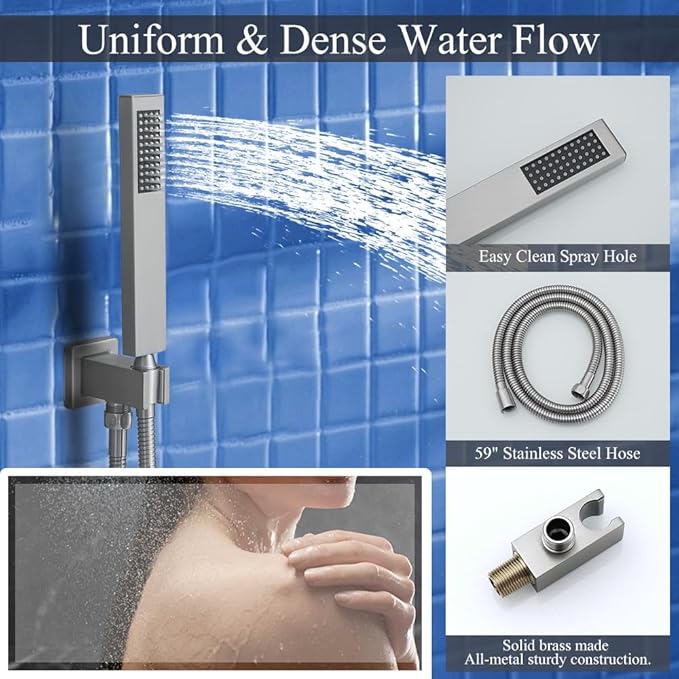 Shower Faucet Set Brushed Nickel Shower System, Knob Switch Diverter Shower Faucet with High Pressure Handheld Spray, Wall Mount 12 Inch Shower Head with 6 Inch Wall Mount Shower Head