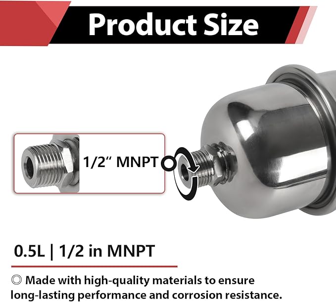 EFIELD 5-Gallon Capacity Mini Stainless Steel Expansion Tank (0.5 L), Hammer Arrestor with 1/2 Inch Threaded For Tankless Water Heater, Water Dispensing/Beverage Appliances (TANK004)