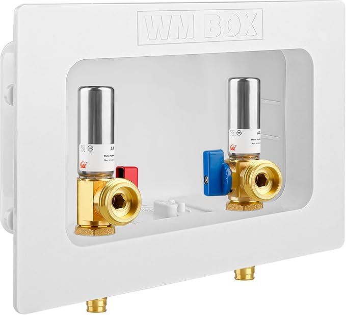 Washing Machine Outlet Box with Center Drain, 1/2" Pex-A F1960 Expansion Inlet x 3/4" MHT Outlet Connection with Hot and Cold 1/4-turn Shut-off Ball Valve and Stainless Steel Water Hammer Arrestor