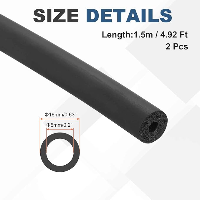 2pcs 1/5" ID Pipe Insulation Foam Tube, EPDM Pipe Cover 5/8" OD Wrap Roll Bar Tubing 4.9FT Long - Insulation Freeze Heat Preservation for Guitar Stand/AC Units/Exercise Machine