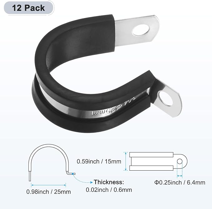 12-Pack Cable Clamps, 1 Inch/ 25 mm 304 Stainless Steel Rubber Cushioned Insulated Cable Clamp R Shape Metal Holder for Tube/Wire/Pipe/Loop Installation