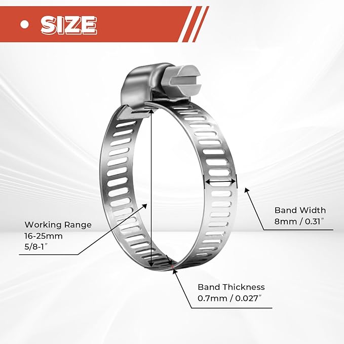 24 Pack 5/8" - 1" Worm Gear Hose Clamps, Adjustable Range 16-25mm 304 Stainless Steel Fuel Line Hose Clamps for Pipe, Plumbing, Automotive and Mechanical Application