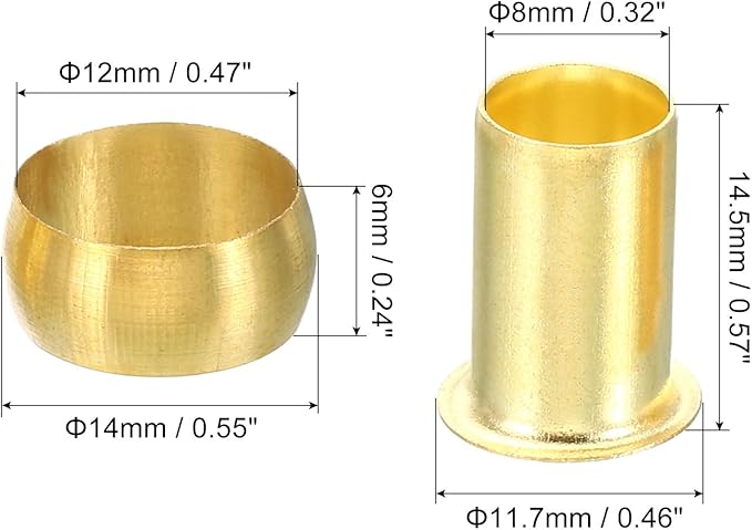 Patikil 12mm Tube OD Brass Compression Sleeves and Ferrules, 20 Pack Brass Ferrule Compression Insert Fitting Assortment Kit for Air, Water, Gas Pipe