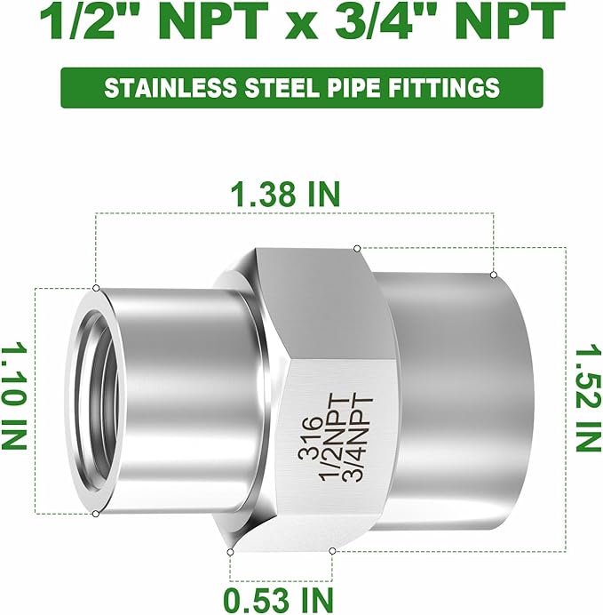 TAISHER 2PCS Forging of 316L Stainless Steel Pipe Fitting, Reducer Coupling, 3/4" NPT Female x 1/2" NPT Female, Reducing Pipe Adapter Fitting