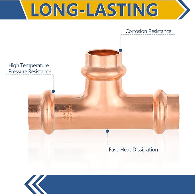 50-Pack GUOFIS Copper Press Tee,1/2" x 1/2"x 1/2" Tee Fittings for Copper Tube Connection with Stop(PRESS009-50Pack)