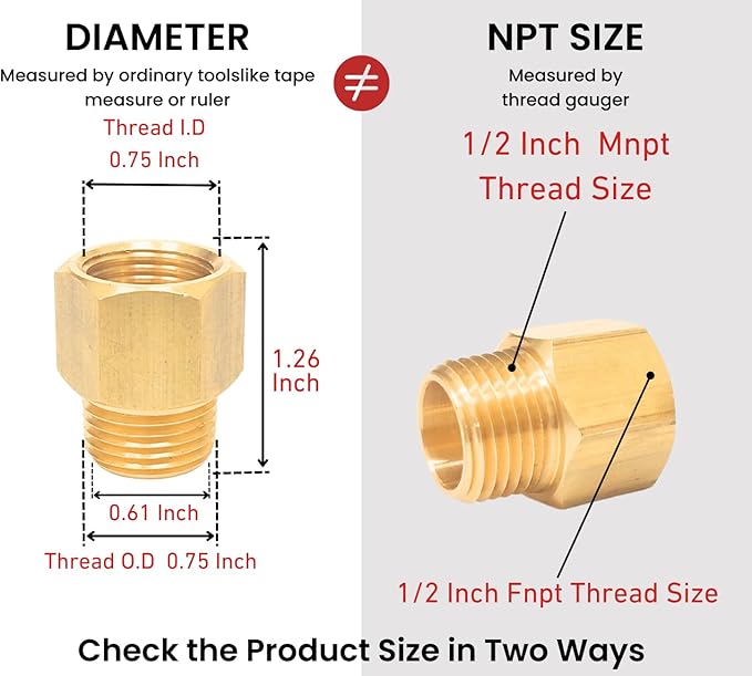 Brass Fitting Reducer Adapter, 1/2 Inch NPT Male to 1/2 Inch NPT Female, Male to Female Pipe Adapter, Brass Pipe Extension Fittings, 0.75" OD × 0.75" ID, Pack of 2