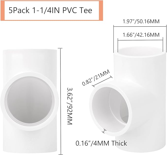 5Pack 1-1/4" PVC Tee 3 Way PVC Pipe Fittings Connector (Socket x Socket x Socket) Furniture Grade SCH40 1.25" PVC Tee Elbow Pipe Fitting Adapter for Water Supplies Build PVC Furniture Shelf