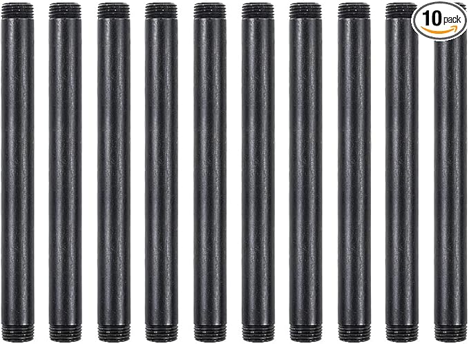 10 Pack 1/2 Inches x 8 Inches Black Malleable Steel Nipples Fitting, DIY Steampunk Industrial Vintage Style.