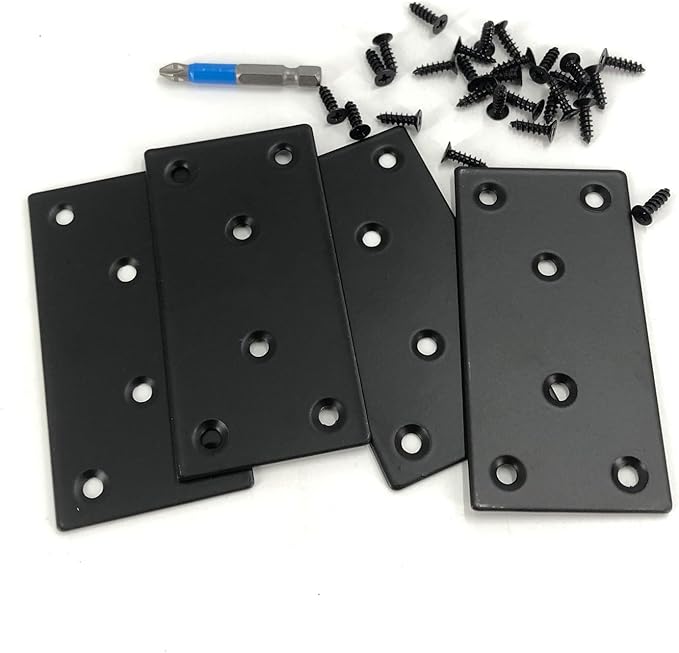 QSJ 4 Pack Black Flat Mending Plate,Six-Hole Metal Bracket, Straight Steel Brace 3.94 x 1.97'', Fixing Joining Plate for Wood with 24PCS Screws, 1x Screwdriver.