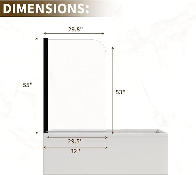Fixed Frameless Shower Screen for Bathtub - 32" W x 55" H Glass Panel, 6mm Tempered Glass with Matte Black Aluminum Frame, Easy Install Bath Enclosure for Modern Bathroom