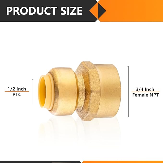 10-Pack HeSun Pushfit Female Adapter, 3/4" FNPT x 1/2" Push to Connect Plumbing Fittings with Disconnect Clip, Brass Push-fit Fittings for PEX, Copper, CPVC, PE-RT Pipes(PF038-10)