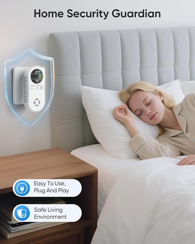 Carbon Monoxide Detectors & Natural Gas Detector, 4-in-1 Carbon Monoxide Detectors Plug in, Gas Leak Detector with Dual Alarms, Temperature & Humidity Sensor for Home, RV, White, 1 Pack