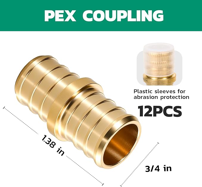 PEX Fittings 3/4 Inch, 12PCS Coupling Lead-Free Brass Connectors for PEX B Pipe, NSF UPC Certified, ASTM F1807, Compatible with Crimp/Clamp Rings (Hot/Cold Water, Hydronic Heating)