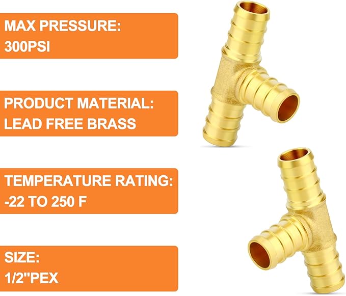 GASHER 20Pcs No Lead Brass 1/2" Pex Tee Fittings, 1/2 Inch Pex Fittings for Pex Tubing