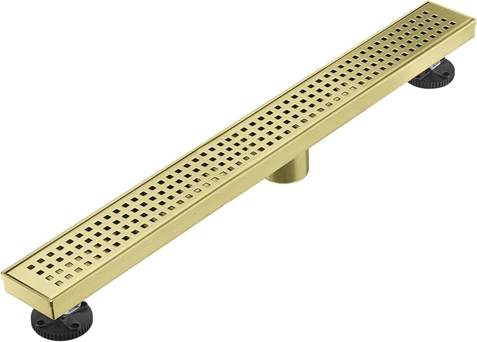 Linear Shower Floor Drain, Brushed Gold 30 Inch 304 Stainless Steel Bathroom Drains Kit, Long Rectangular Shower Trench Drain with Square Pattern Drain Cover & Hair Catcher