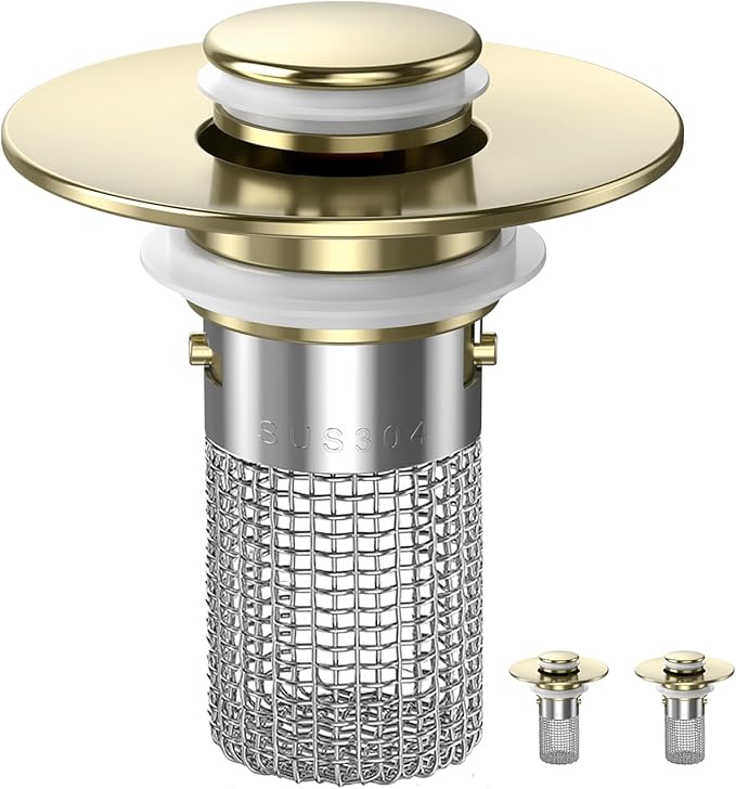Sink Stopper Hair Catcher, Pop-up Sink Drain Strainer with Removable Stainless Steel Strainer Basket Hair Catcher, Bathroom Sink Strainer for Bathroom Sink Stopper Replacement(Brushed Gold-2PCS)