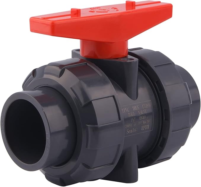 DERNORD PVC True Union Ball Valve with Full Port, EPDM O-Rings, and Reversible PTFE Seats,Rated at 200 PSI (1 1/2 inch Socket)