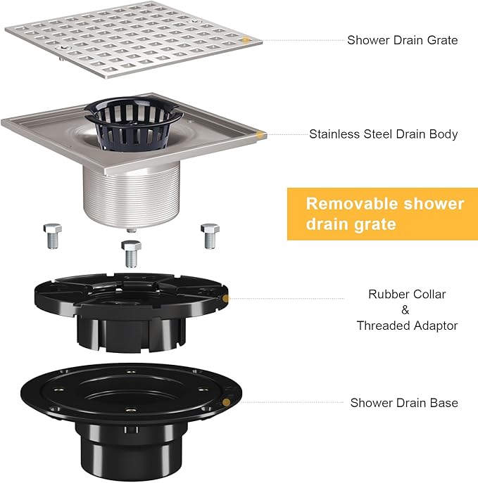 4 Inch Square Shower Drian with ABS Flange-SUS 304 Stainless Steel & CUPC Certified Shower Floor Drain-Removable Grid Cover-with Hair Strainer-Brushed Nickel