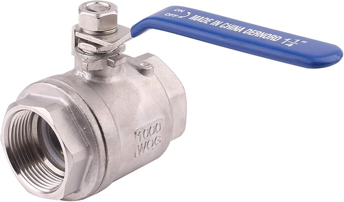 DERNORD Full Port Ball Valve Stainless Steel 304 Heavy Duty for Water, Oil, and Gas with Blue Locking Handles (1-1/4" NPT)