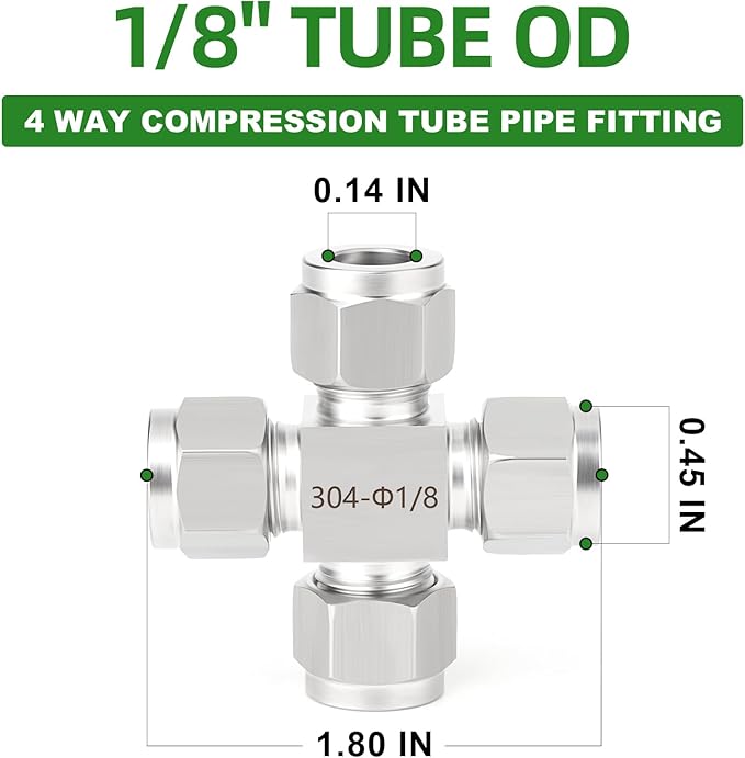 TAISHER 1PCS 304 Stainless Steel 4 Way Compression Tube Pipe Fitting Connector, 1/8" x 1/8" x 1/8" x 1/8" Tube OD Adapter