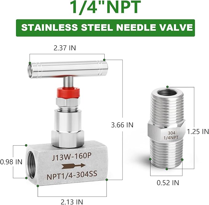 TAISHER 2PCS 304 Stainless Steel High Pressure Straight Needle Valve 1/4" Female NPT For Flow Control Water Gas Oil With Nipple