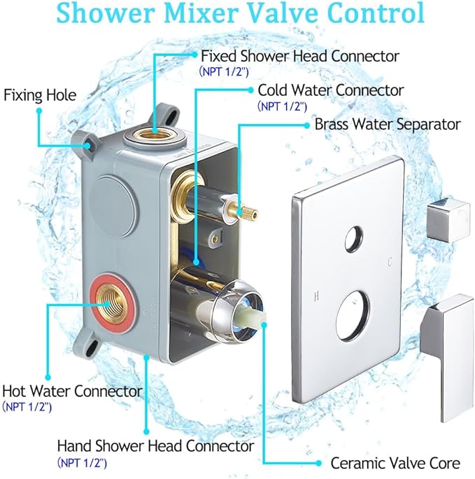 Shower Faucet Set Polished Chrome Surface Large 12 Inch Shower Head Handheld Shower Combo Set High Pressure Recessed Wall Mount, Chrome