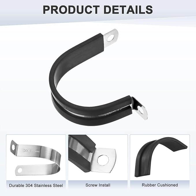 12-Pack Cable Clamps, 1-7/16 Inch/ 36 mm 304 Stainless Steel Rubber Cushioned Insulated Cable Clamp R Shape Metal Holder for Tube/Wire/Pipe/Loop Installation