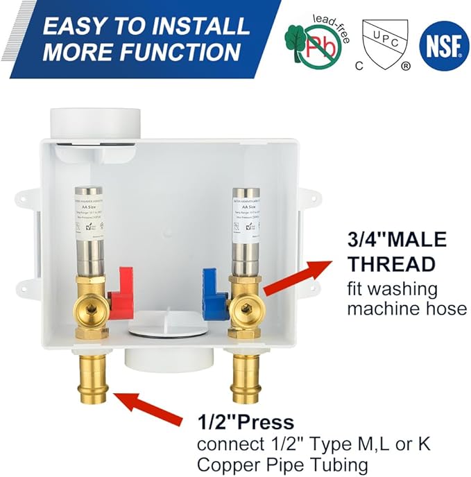 EFIELD Washing Machine Outlet Box, 1/2-inch Copper Press Inlet with Center Drain, White (SS Water Hammer Arrestor),(WM056)
