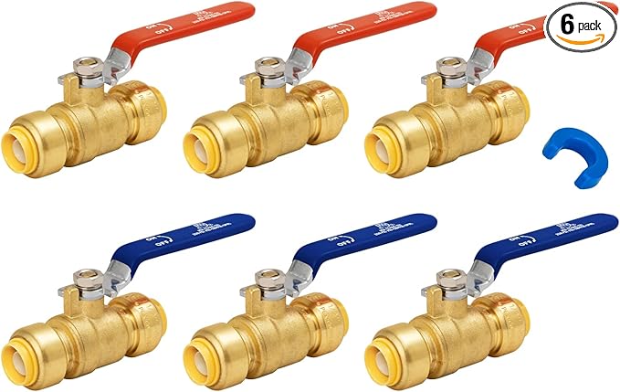 Shut Off Ball Valve 1/2 Inch, SUNGATOR 1/2 Inch Ball Valve, Push-to-Connect Water Shutoff, Easily Match to Pipe using Red and Blue Handle, No Lead Brass Fittings for PEX Pipe, Copper, CPVC, Pack of 6