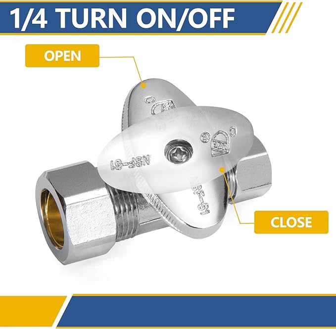 Straight Stop Valve,1/2" Nominal (5/8" OD) Compression x 3/8" OD Straight Shut-off Valve with 1/4 Turn on/off (Pack of 10)(VALVE122)