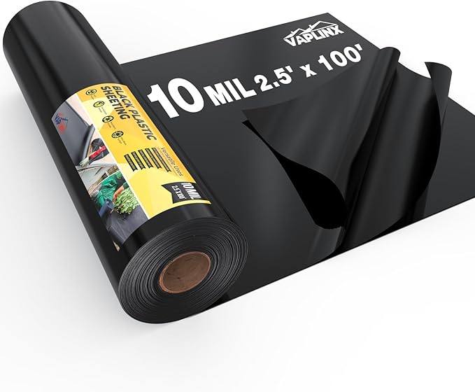 10 Mil Black Plastic Sheeting 2.5x100 FT – Heavy Duty Polyethylene Plastic Rolls for Garden, Black Plastic Rolls for Crawl Space Vapor Barrier, Construction, Landscaping, Weed and Moisture Control
